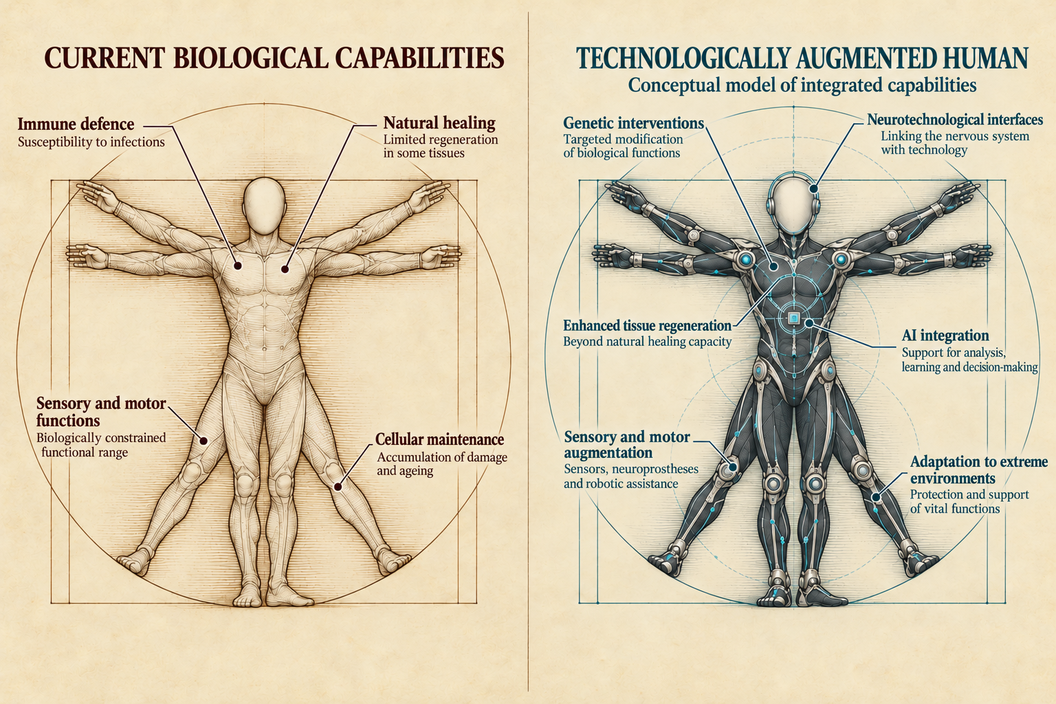 Czech version of the Vitruvian Man comparison infographic. The left side titled 'SOUČASNÉ BIOLOGICKÉ MOŽNOSTI' lists human biological constraints including immune defense, natural healing, senses and movement, and cellular maintenance. The right side titled 'TECHNOLOGICALLY AUGMENTED HUMAN' (TECHNOLOGICKY ROZŠÍŘENÝ ČLOVĚK) presents cybernetic enhancements such as gene interventions, neurotechnological interfaces, tissue regeneration, AI integration, sensory/motor augmentation, and environmental adaptation.
