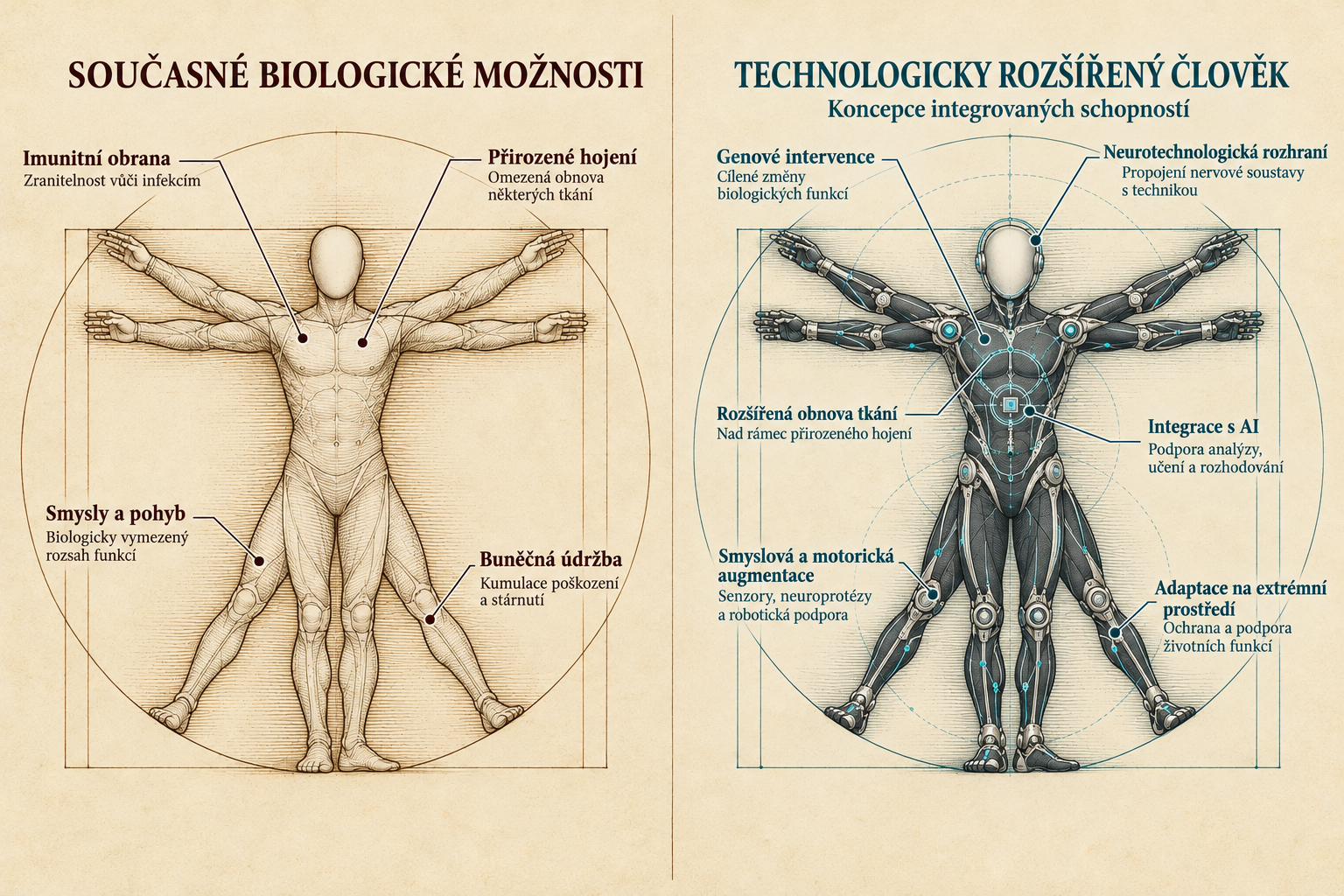 Porovnávací infografika v české verzi podle Vitruviánského muže. Levá strana 'SOUČASNÉ BIOLOGICKÉ MOŽNOSTI' popisuje imunitní obranu, přirozené hojení, smysly a pohyb a buněčnou údržbu. Pravá strana 'TECHNOLOGICKY ROZŠÍŘENÝ ČLOVĚK' obsahuje popisy genových intervencí, neurotechnologických rozhraní, rozšířené obnovy tkání, integrace s AI, smyslové a motorické augmentace a adaptace na extrémní prostředí.